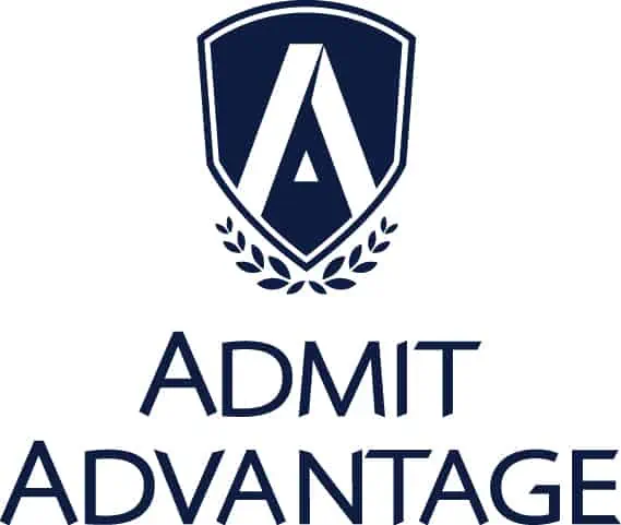 Admit Advantage logo in blue with crest and white background.