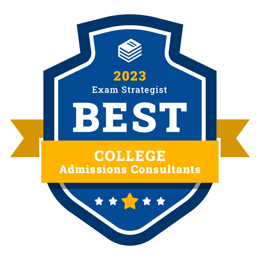 White text with blue background and orange ribbon highlighting best college admissions consultants.